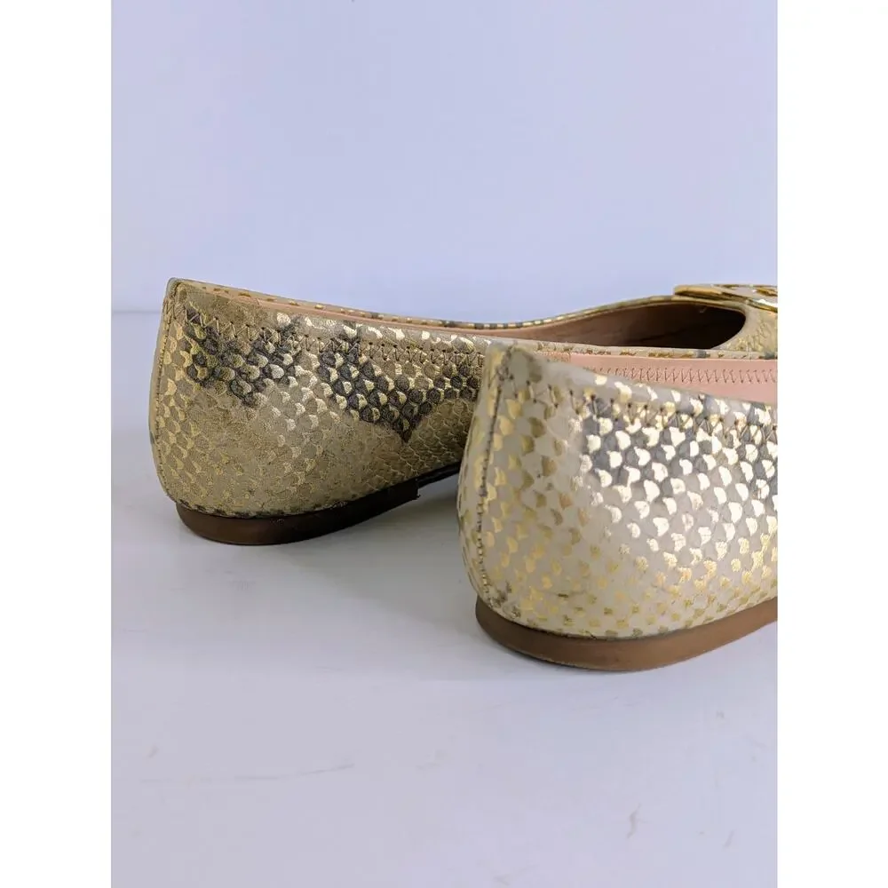 Tory Burch Reva Ballet Flats 7.5 Tan Gold Snakeskin Print Metallic Logo Round